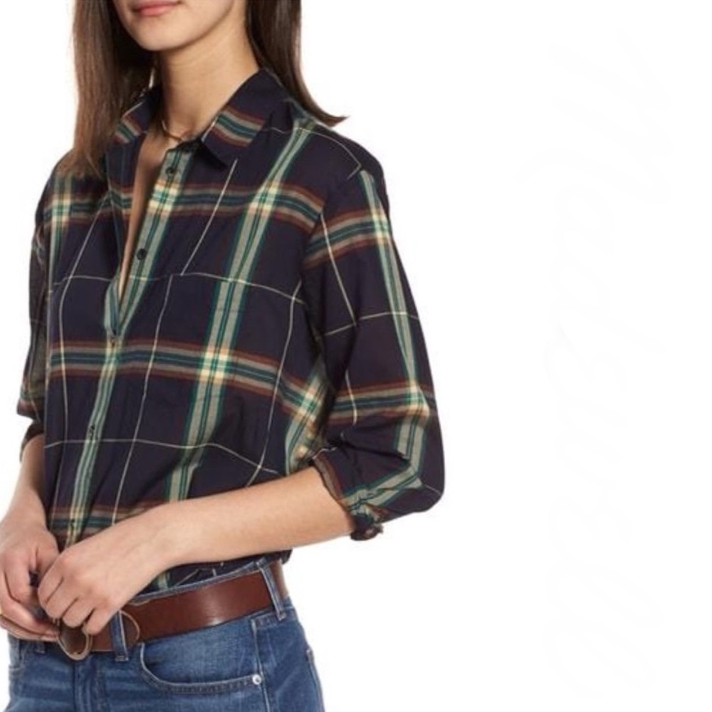 Madewell Oversized Ex-Boyfriend Plaid Shirt Navy/ Jade green size S
